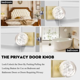 HIEMEY Glass Door Knobs Interior, Crystal Door Knobs with Lock, Privacy Gold Door Knob for Bedroom/Bathroom, Round Clear Bubble, Satin Brass