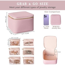 Travel Jewellery Box Organiser with 6 Zipper Pouches, Pink Mini Case for Storage and Travel