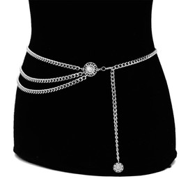 Anglacesmade Body Chain Metal Link Multilayer Waist Chain Coin Charm Pendant Waist Belt Prom Party Festival Belly Dancer Jewelry for Women and Girls (Silver)