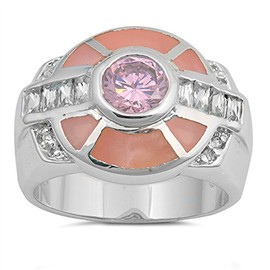 Round Pink CZ Wide Large Class Ring New .925 Sterling Silver Band Size 6