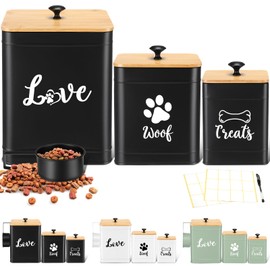 Jingmore Metal Dog Treat Containers Set of 3 with Bamboo Lids and Spoon Airtight 7+3+2 lbs Dog Food Snack Jars with DIY Labels Big Pet Cookie Storage Jar for Kitchen Counter(Black,Classic)
