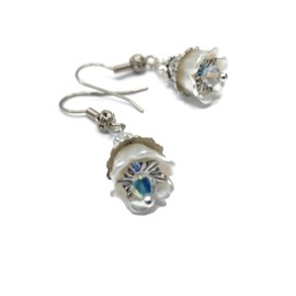 Floral Dangle Earrings in White with silver and crystal accents on Surgical steel French hooks