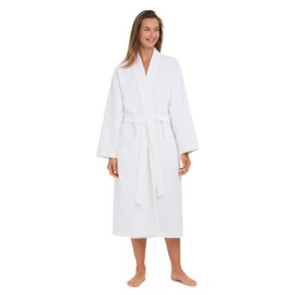 MONARCH Grid Pattern Chamois Microfiber Shawl Hotel Robe - Lightweight Absorbent Soft Spa Bathrobe in Cypress (Large, White)