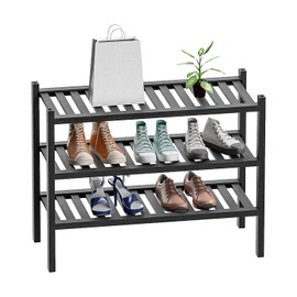 Shoe Rack 3-Tier Organizer-Stackable Storage Shelf with Multi-Function Combinations-Free Standing Bamboo Shoe Racks for Closet,Entryway,Hallway,Bathroom,Living Room Shoe Organization (Black, 3-Tier)