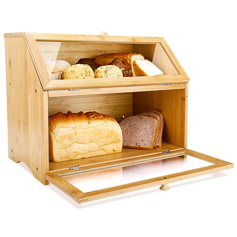 HOMEKOKO Double Layer Large Bread Box for Kitchen Counter, Wooden