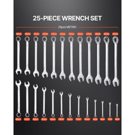 Happybuy Combination Wrench Set, 25-Pieces with Roll-up Pouch. Made of carbon steel, metric from 6 mm to 32 mm. Ideal for household, garage, workshop, auto repairs and emergencies.