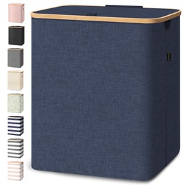 BALEINE Laundry Hamper with Lid, Tall Laundry Baskets with Bamboo Pull Handles, Large Laundry Bin with Internal Support (36 Gal/140L, Blue)