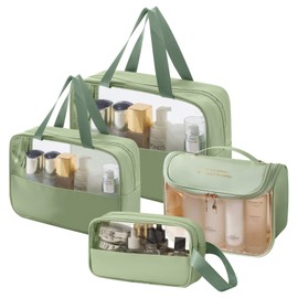 4Pcs Clear Travel Hanging Toiletry Bag, Portable Waterproof PU Transparent Cosmetic Bag, Suitable for Full Size Travel and Holiday Essentials Toiletry Bag for Women and Girls (Green)
