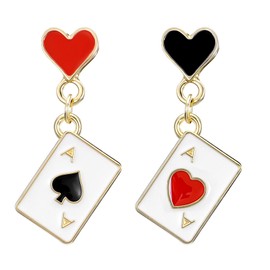 Queen of Hearts Earrings, Asymmetric Red Heart Poker Clock Dangle Earrings for Women, Trendy Costume Accessories Jewelry (White, Red, Black)
