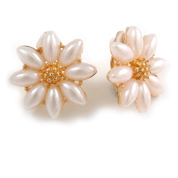 Romantic Faux Pearl Daisy Clip On Earrings In Gold Tone