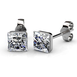 Cate & Chloe Crystal Radiant White Gold Stud Earrings, 18k Gold Plated Studs with Crystals, Stud Earring Set with Princess Cut Solitaire Crystals, Metal