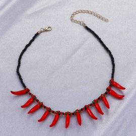 BELUCKIN Red Hot Chili Pepper Necklace for Women Beaded Choker Necklaces Charm Vegetable Food Jewelry(A)