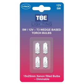 TBE LIGHTING Replacement 12 Volt, 5w T3 1/4 Wedge Base Xenon Bulbs, Pack of 4 Low Voltage Wedge Base Bulbs W5W for Landscape, RV and Cabinet Lighting T10 Dimmable Clear Bulbs., TBE-T10-12v-5w-4PACK
