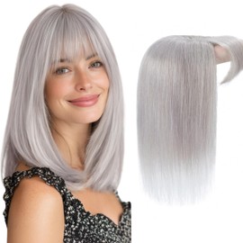 Charites Hair Toppers for Women Real Human Hair 8 Inch Long Straight Toppers for Women with Thinning 7 * 13CM Silk Base Clip in Hairpieces with Bangs (Gray)