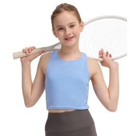 Girls Tank Tops Double Lined Crop Tops High Crew Neck Racerback Cropped Basic Sleeveless Dance Top for Ballet Yoga Gymnastics C-Blue