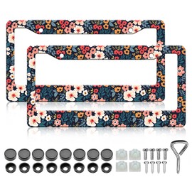 2 Pack Folk Floral License Plate Frames - Colorful Flowers Aluminum Metal License Plate Holder Covers Car Accessory, Rust-Proof Waterproof Car Decorative Tag Frames with Screws Fasteners Caps