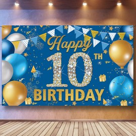 10th Birthday Decorations Backdrop Banner, Happy 10th Birthday Decoration for Boys, Blue Birthday Photography Background, 10 Year Old Birthday Party Backdrop Poster Fabric 6ft x 3.6ft PHXEY