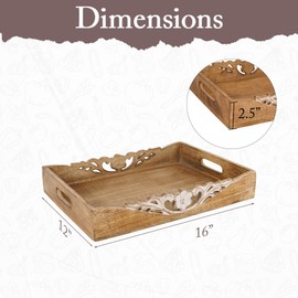 Coffee Table Tray (Medium Burnt/White) - “Orchid” - Wood Serving Tray w/Handles for Breakfast in Bed - Mango Wood Decorative Tray w/Felt Pads - Medium Size Tray - 16” x 12” x 2.5”