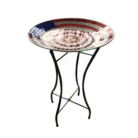 BACKYARD EXPRESSIONS PATIO · HOME · GARDEN 906119-NW 2024 Model Backyard Expressions Handpainted Glass Bird Bath with Metal Stand for Outdoor, Patio, Garden-American Flag Design, Red, Ivory, Blue