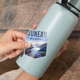 Die Cut Sticker Juneau, Alaska, Mendenhall Glacier, Lithograph, Vinyl Sticker 3 to 6 inches, (Waterproof Decal for Cars, Water Bottles, Laptops, Coolers), Large