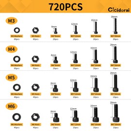Cicidorai 720Pcs M3 M4 M5 M6 12.9 Grade Alloy Steel,Hex Socket Head Cap Screws Bolts,Flat Washers & Nuts Black Screw Assortment Kit,Black Oxide Finish