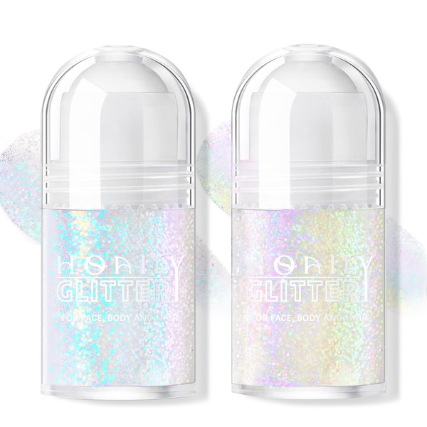 HOSAILY 2 Colors Roll-on Body Glitter Gel, Holographic Glitter Gel Under Light for Body, Hair, Face, Body Shimmer Hair Glitter Gel for Rave Accessories Christmas New Year Halloween Makeup (9+10)