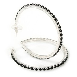 60mm D/Jet Black Crystal Hoop Earrings/Rhodium Plating