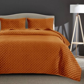 Luxury Velvet Quilt Set Queen Size, Plaid Stitching Queen Quilt Bedding Set, Soft Lightweight Reversible Bedspread and Coverlet with 2 Pillow Shams for All Season, Tangerine, 90" x 96"