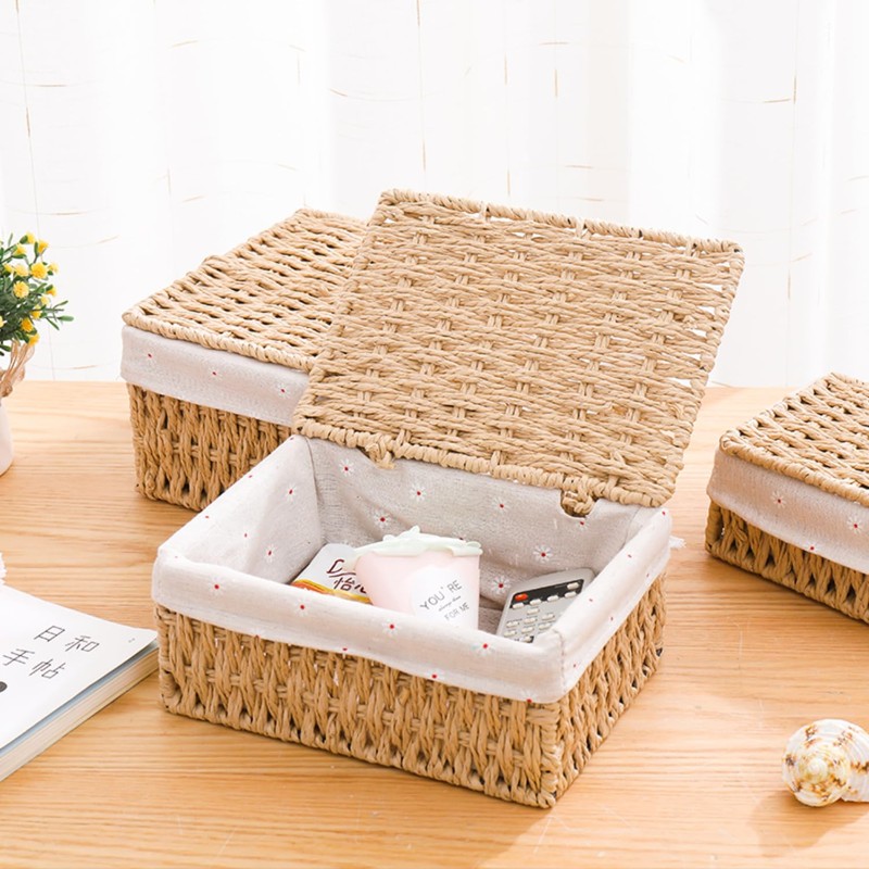 Rattanzenith Wicker Basket with Lid Paper Rope Storage Baskets for