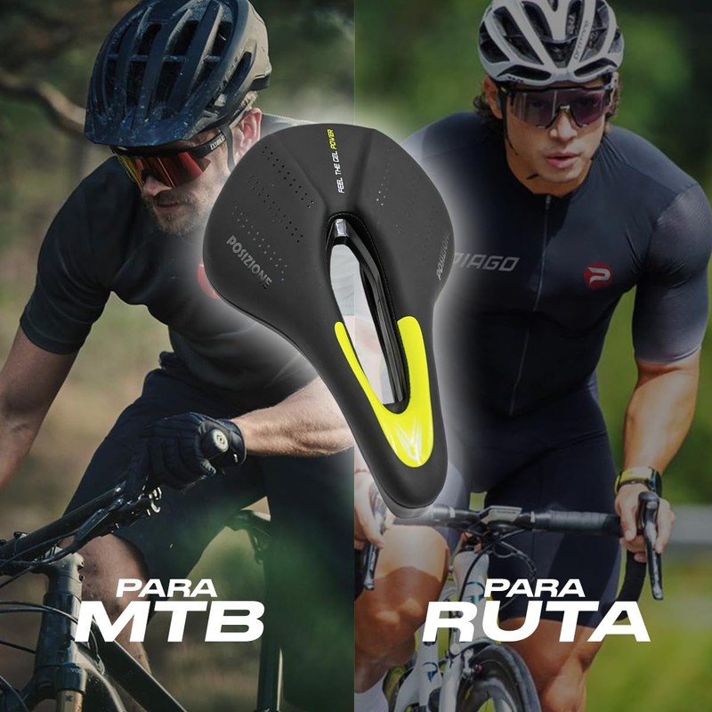 Piago Asiento Gel Deportivo Bicicleta MTB Ruta Prostático Ligero (Amarillo)
