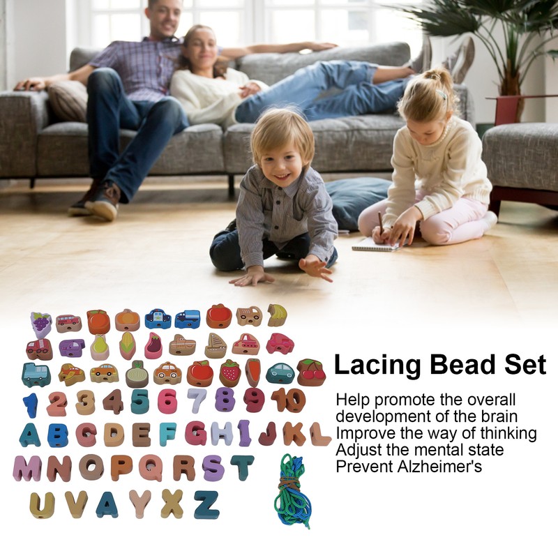 64pcs Lacing Bead Set Wooden Number Fruit Pattern Stringing Beads