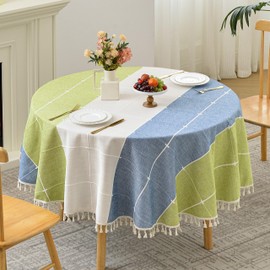 Lattice Embroidery Round Tablecloth with Tassel, Heavy Duty Cotton Linen Fabric Wrinkle Resistant Table Cloth Cover for Kitchen Dining Party Decoration, Round 62 Inch, Green/Blue