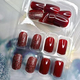 Glitter Wine Red Press on Nails Short Square Fake Nails Glossy Solid Color False Nails Full Cover Stick on Nails Reusable Acrylic Artificial Nails for Women Charm Manicure False Nails Kit 24 Pcs