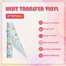 Tintnut Flower Heat Transfer Vinyl Roll - 12 Inch * 5ft Blue Rose Floral Pattern HTV Iron On Vinyl DIY T-Shirts Hats Clothes Canvas Bags for Cricut or Silhouette Cameo