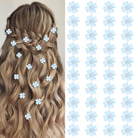 YISSION 40 Pcs Mini Blue Flower Hair Clips with Rhinestone Cute Hair Pins Decorative Hair Clips Wedding Hair Barrettes Bridal Hair Accessories for Girls Women