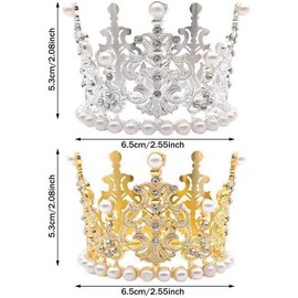 2PCS Small Gold and Silver Crown Decoration Mini Crown Headgear Pearl Rhinestone Mini Crowns Wedding Crown Gift Accessories for Pet Birthday Parties, Family Photos, Daily Wear