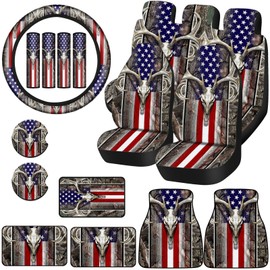 Tallew 19 Pieces Patriotic American Flag Camo Car Seat Covers - Full Set with Skull Deer Design, Steering Wheel Cover, Floor Mat, Armrest Pad, Car Holder for 4th of July Trucks & SUVs