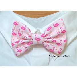 Handmade Flamingos on Pink Pre Tied Handmade Bow Tie on Adjustable Strap, Tropical Summer