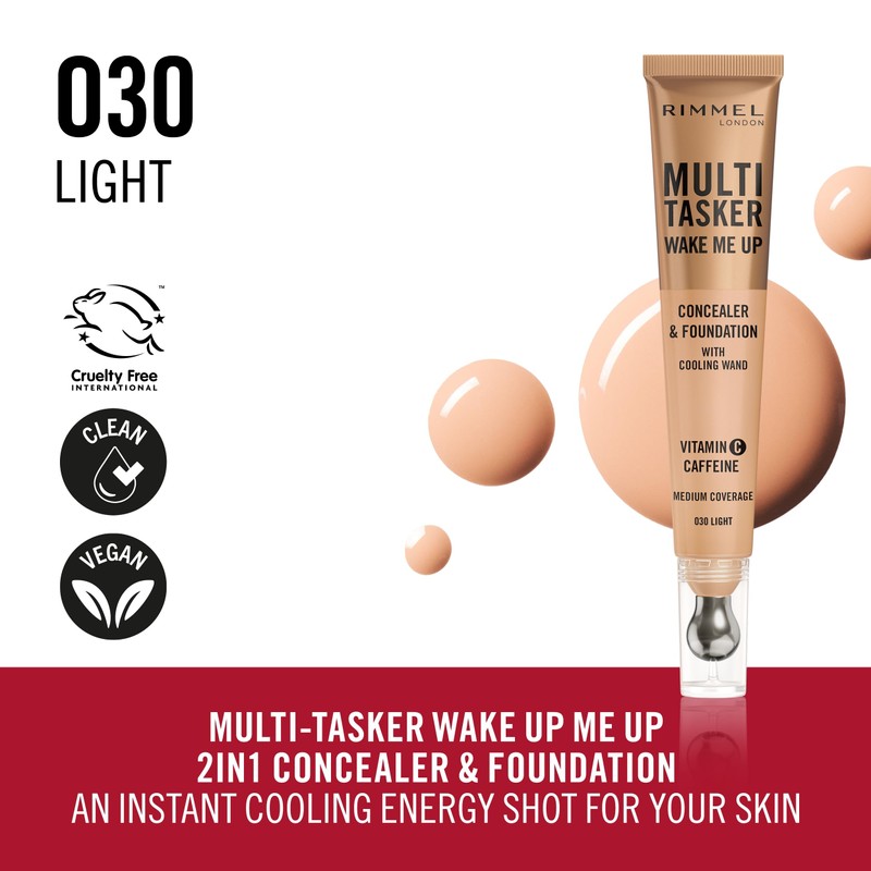 Multi-Tasker Wake Me Up Foundation & Concealer 030 Light, Depuffs