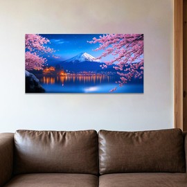 CCWACPP Cherry Blossoms Canvas Wall Art Mount Fuji Picture Japan Mountains and Flower Art Prints Japanese Wall Decor Framed for Living Room Bedroom Home (12.00" x 24.00")