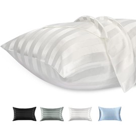 Lirex Set of 2 Satin Cushion Covers 50 x 90 cm with Zip, Soft Like Silk Cushion Covers, Satin Pillowcase Cushion Cover for Hair and Skin, White Stripes