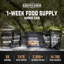 Ready Hour 1-Week Food Supply Ammo Can (58 Servings), Emergency Storage Rations, Prepper Kit, Survival Food, Freeze-Dried, 25-Year Shelf Life, Flood-Safe Container