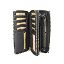 High-quality XXL vintage leather women's purse, long purse, purse organiser with extra many compartments, including RFID - 20 x 11 x 3.5 cm (W x H x D), Black Patterned, Vintage