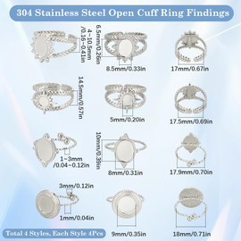 SUNNYCLUE 1 Box 16Pcs 4 Style Stainless Steel Ring Bezels Blank Cabochon Rings Silver Metal Adjustable Open Finger Ring Base Tray Component with Round Pad for Jewellery Making Rings DIY Crafts Women
