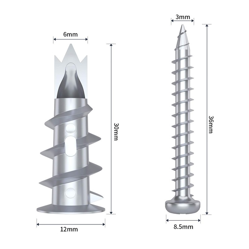 Pack of 100 Plasterboard Anchors and Rounded Head Screws for