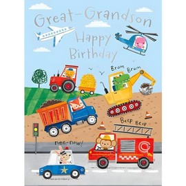Great-Grandson Birthday Card - Animal, Truck, Airplane and Helicopter Design - Special Finishes - Made in the UK - Eco-Friendly