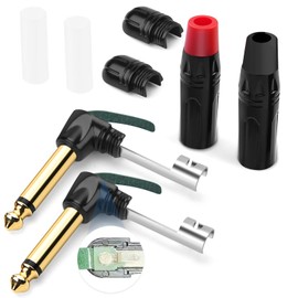 GOSYSONG 1/4 inch Mono Plug Right Angle 4-Pack, DIY 1/4 inch TS Solder Type Audio Connector, Heavy Duty Quarter Inch Adapter 24K Gold-Plated for Guitar Cables, Instrument Cable (Black*2+Red*2)