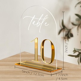 HOODO - Tarjetas de acrílico de arco transparente para boda de 1 a 20 con soportes, acrílico arqueado de 5 x 7 pulgadas con oro 3D, tarjetas de lugar de espejo dorado transparente 3D para recepción de