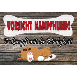 Ontrada Holzschild 12x18cm Vorsicht Kampf Hund kämpft mit der Müdigkeit Sprüche Holz Schild