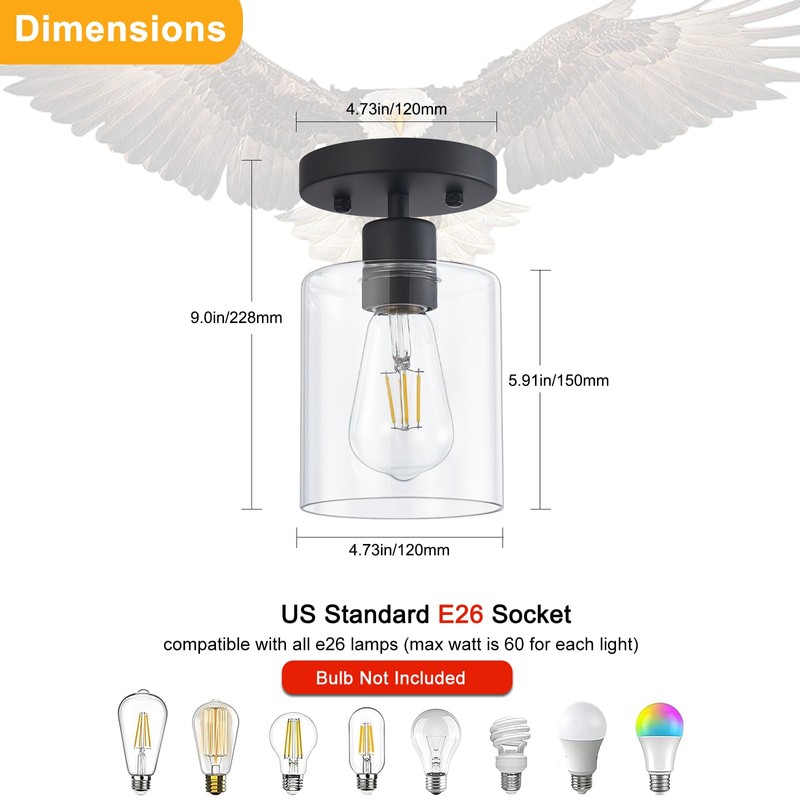 YYT 1 Light Semi Flush Mount Ceiling Light, Black Kitchen